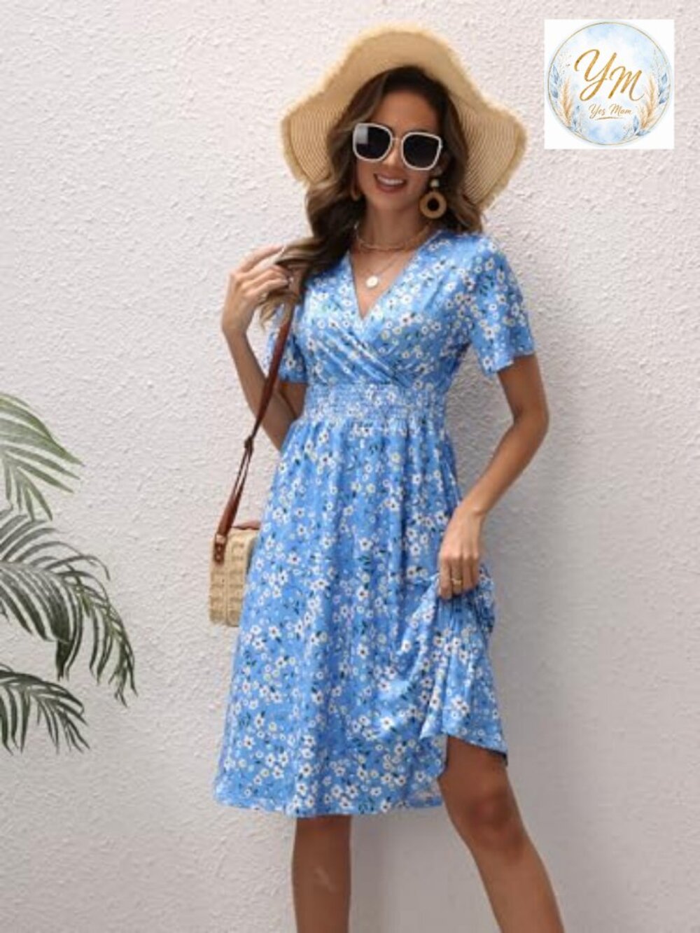 Midi Floral Dress - Short Sleeve Wrap V-Neck Smocked Waist A-Line with Pockets - Picture 6 of 7